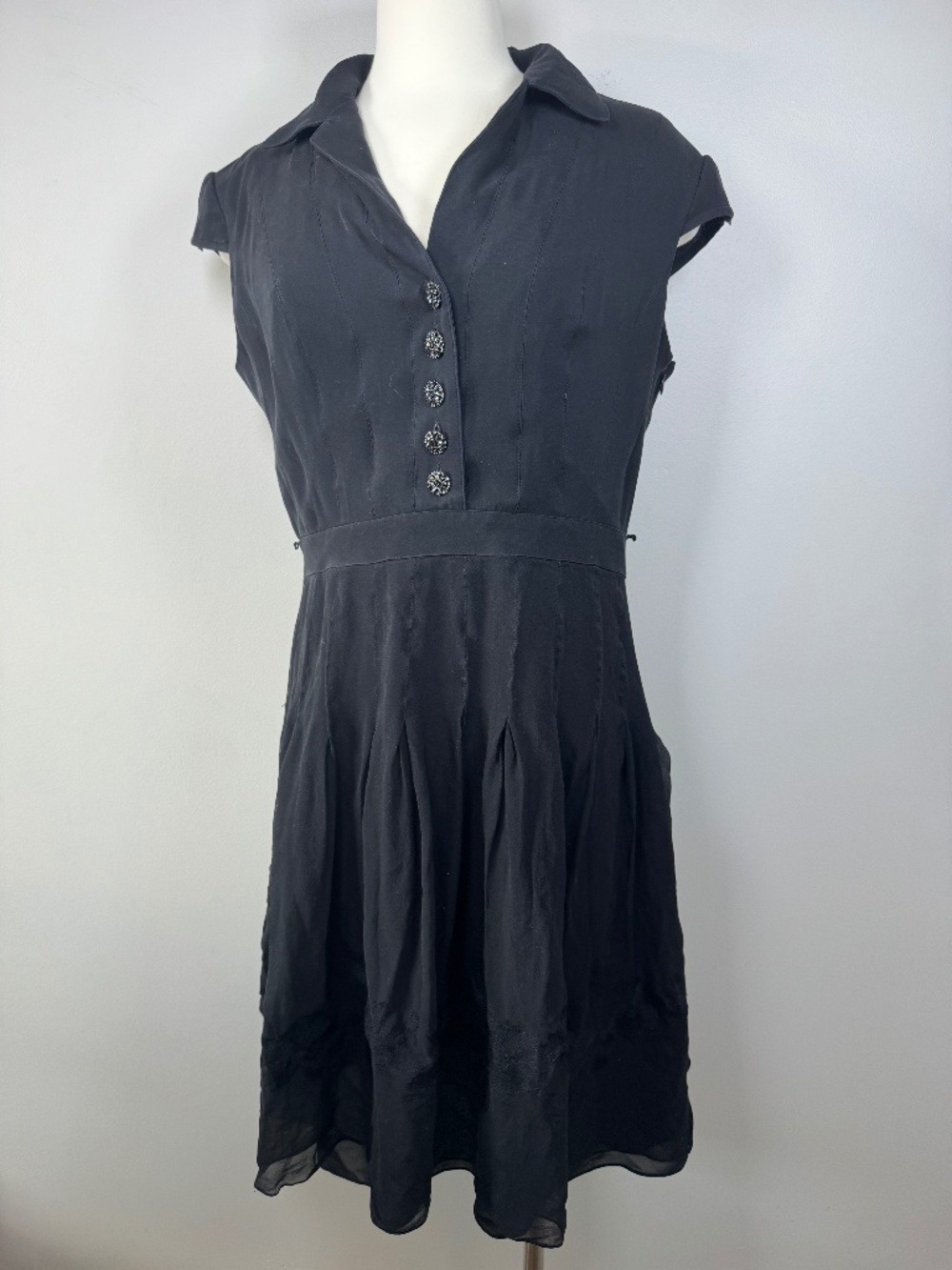 Adrianna Papell Black Cap-Sleeve Button Front Midi Dress Silk Size 12